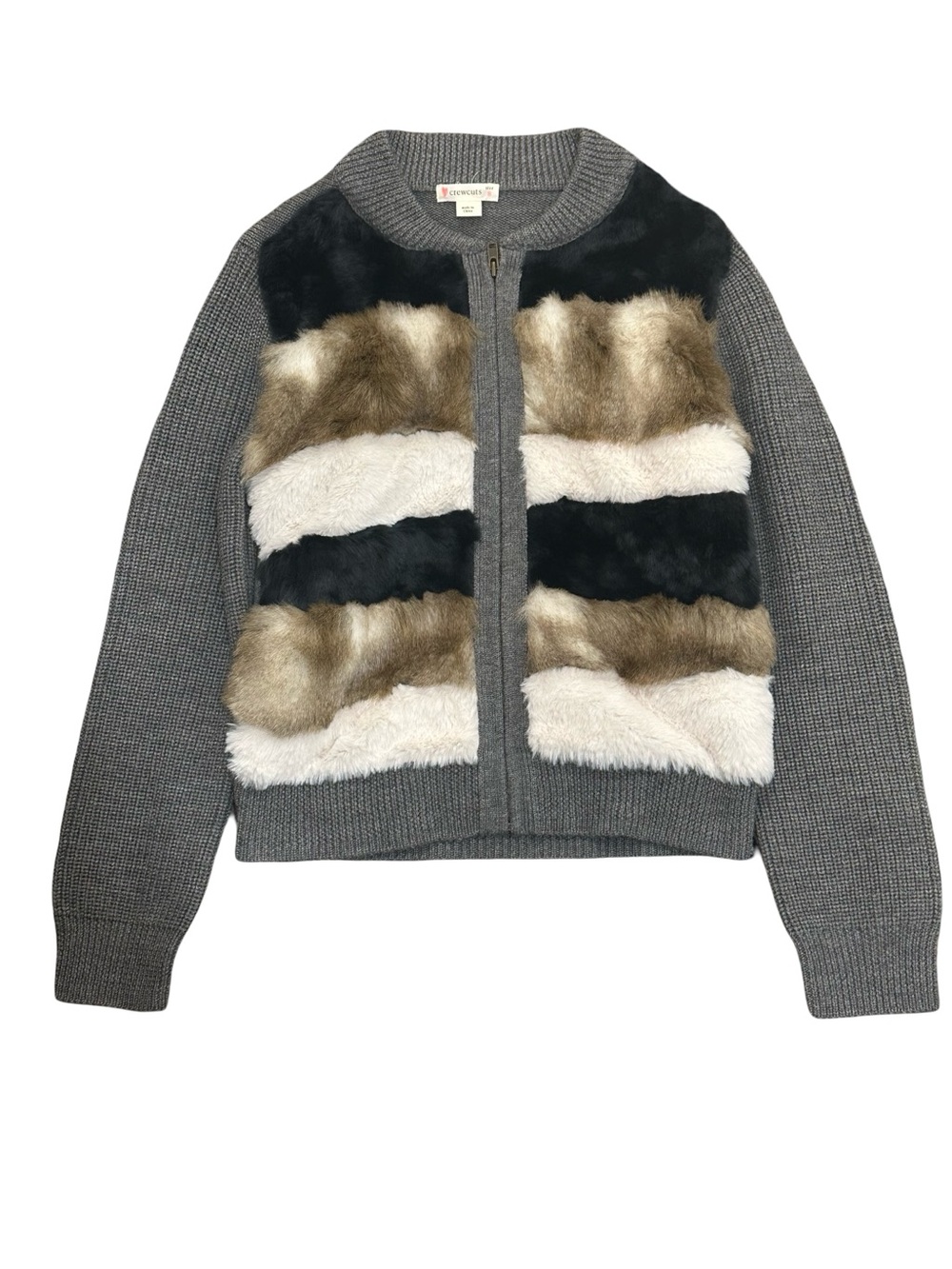 EUC Crewcuts Girls Size 8 Faux Fur Zip Front Cardigan - Gray w/ Neutral Stripes
